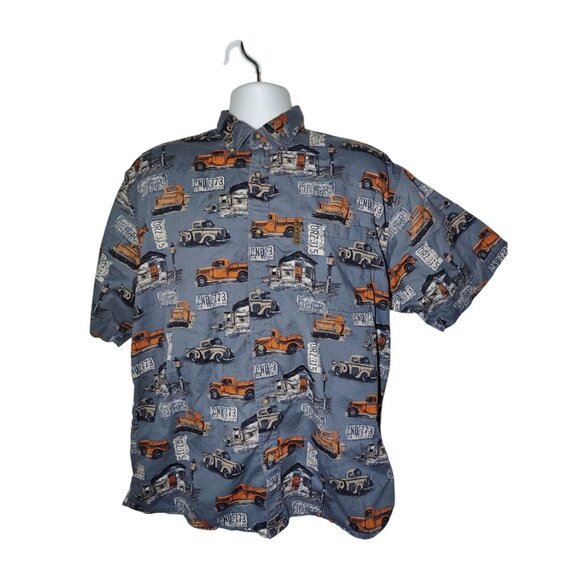 North River Gray Classic Car Print Short Sleeve Button-Up Casual Cotton Top M - Picture 1 of 6